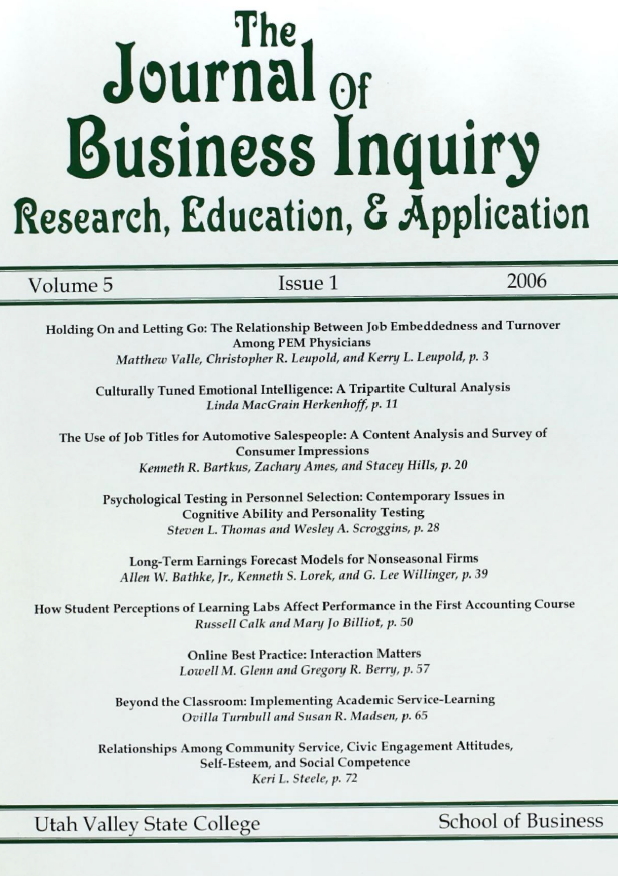 					View Vol. 5 No. 1 (2006): The Journal of Business Inquiry
				