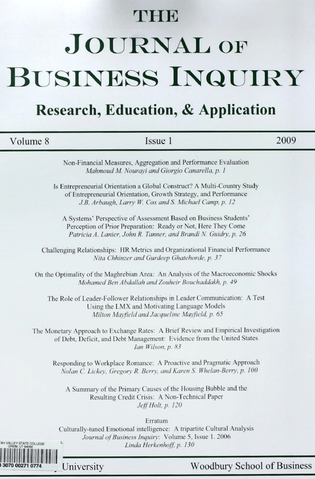 					View Vol. 8 No. 1 (2009): The Journal of Business Inquiry
				